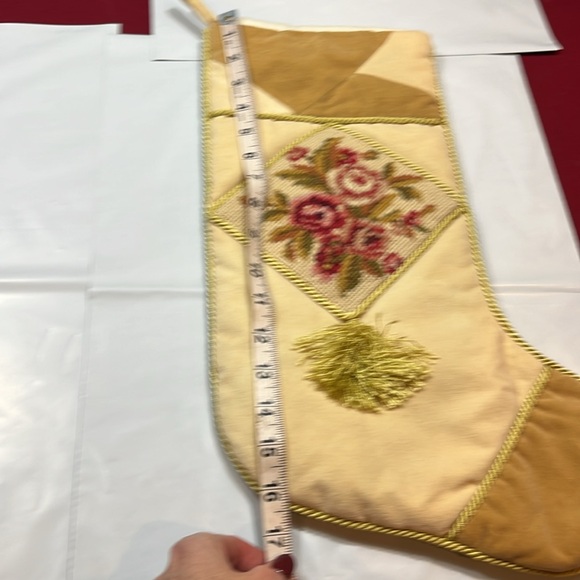 Pink ROSES cross stitch VELVET Christmas Stocking GOLD roping VINTAGE Victorian - Picture 10 of 13